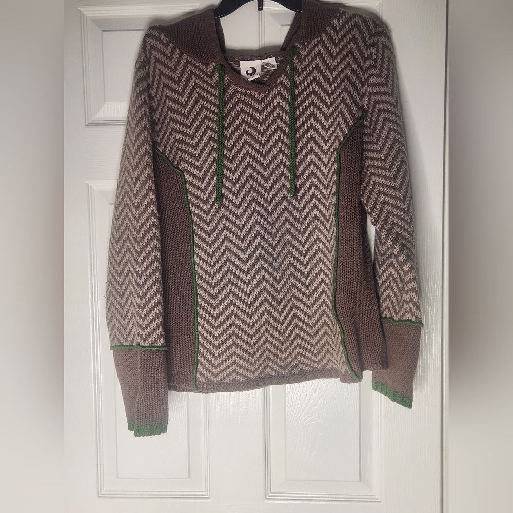 Tsunami L 100%LAMBSWOOL Blend Mlticlrd Brown Beige Knit Women's Sweater Hoodie